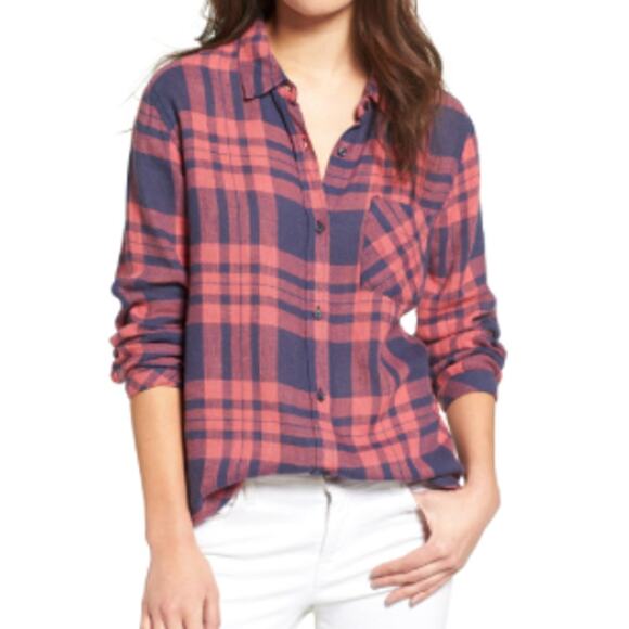 Rails XS Blue Pink Charli Maroon Navy Plaid Button Down Shirt Long Sleeve Linen - Picture 8 of 8